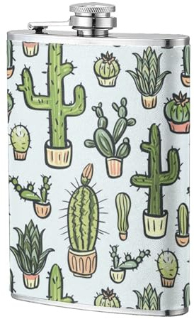 Patrón de cactus sobre fondo blanco,Frasco de acero inoxidable 304 de 8 oz con funda de cuero sintético, frasco de bolsillo para licor plano para exteriores