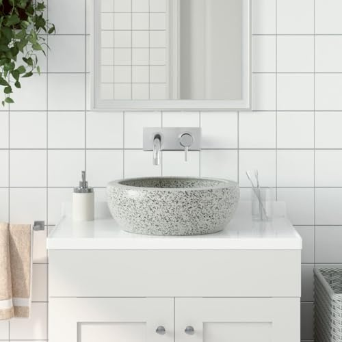 Lavabo da appoggio in ceramica fatto a mano, grigio con motivo vintage, lavabo rotondo per bagno