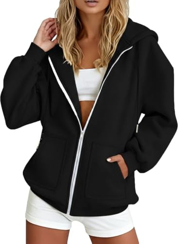 Schwarzer Hoodie Damen, Hoodie Damen Reißverschluss Mit Kapuze Zip Hoody Sweatjacke Sweatshirt Lockerer Schnitt Kapuzenjacke Travel Kapuzenpullover Taschendesign Hoodies Für Damens Oversize Schwarz M