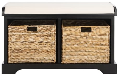 SAFAVIEH Home Collection – Freddy Black Storage Bench with Wicker Baskets & Cushion, Entryway Seating Bench, Fully Assembled (AMH5736B)