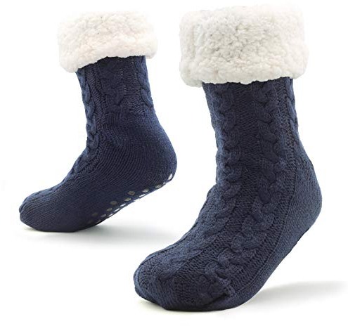 CityComfort Haussocken Herren, Kuschelsocken Herren mit Fleece Futter und ABS Anti Rutsch Noppen (Marineblauer Zopfstrick)