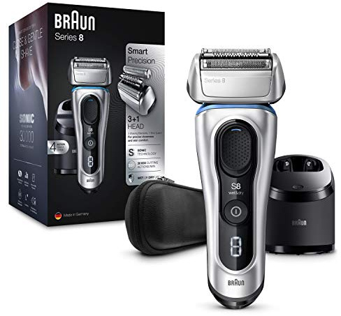 Braun Series 8 Electric Shaver for Men with Precision Trimmer, Clean & Charge Station & Travel Case, Cordless Foil Razor, Wet & Dry, 100% Waterproof, UK 2 Pin Plug, 8391cc, Silver Razor