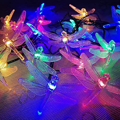 AOTOVOBOBO Dragonfly Solar String Lights Outdoor 23 Ft 50 LED Waterproof Fairy Lights with 8 Lighting Modes for Garden Yard Lawn Patio Grass Wedding Christmas Decoration Multicolor