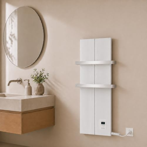 Finesa-D Badheizkörper elektrisch mit Thermostat 800×408 mm | 500 W – Flacher Paneel Design Handtuchheizkörper – Weiß – energiesparend – 5 Jahre Garantie