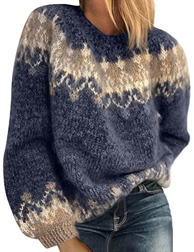 Onsoyours Pull Femme Pull Col Roulé Chic et Élégant Chandail Motif Jacquard Tricoté Pullover Automne Hiver Basique Décontracté Ample Haut A Bleu L