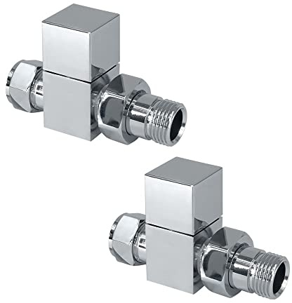 WarmeHaus Pair of Square Straight Radiator Valve Chrome | for Bathroom Heated Towel Rail Radiator, 15mm Inlet, Solid Brass