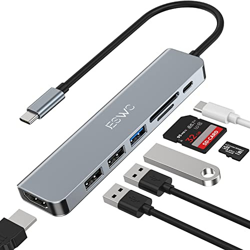 USB C Hub, JESWO 7 in 1 USB C Adapter mit HDMI 4K, 100W PD, 1 USB 3.0, 2 USB 2.0 und TF/SD Kartenleser, Multiport Adapter für MacBook Pro Air Laptop und andere Typ-C-Geräte