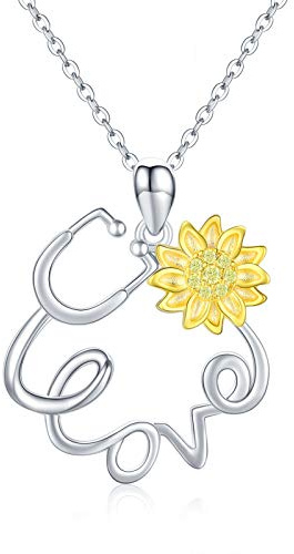 ECHOOY Stethoskop Halskette 925 Sterling Silber Sonnenblume Anhänger Halskette Schmuck für Krankenschwester Doktor
