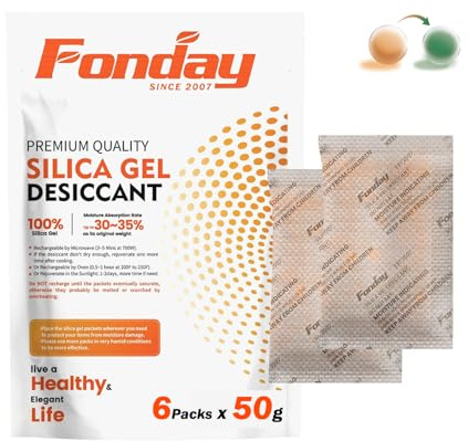 50Gram x 6Packet Rechargeable Silica Gel Desiccant Packets Fonday Food Grade Fast Reactivate Desiccant Bags Moisture Indicating Orange to Green for Closet Gym Bag Jewelry Tools food medication