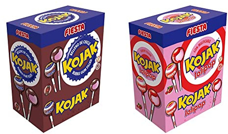 FIESTA Kojak Caramelo con Palo Sabor Cola Relleno de Chicle - Caja de 100 unidades & Kojak Lolipop Caramelo con Palo Sabor Cereza Relleno de Masticable de Fresa - Caja de 100 unidades