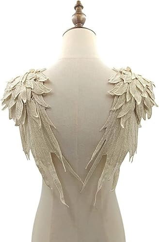Duories 1 Paar 3D Stickerei Spitze Bestickte Flügel Applikation DIY Kleidung Zubehör Mehrfarbig Spitzenmotive Patches Polyester Nähen Handwerk Zubehör,Ideal für Hochzeit Braut Ballkleid,39x15cm,Beige