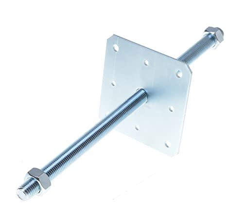 Aqbau® Pfostenträger Stützenfuß Höhenverstellbar Verzinkt Bodenfuß Betonfuß Zum Einbetonieren Pfostenträger verstellbar Gewinde M24 mm mit Schrauber 160 x 160 x 500 mm
