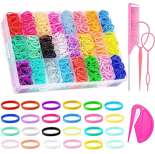 2000 Stück Kleine Haargummis, Mini Haargummi Mit Aufbewahrungsbox 4 Flechthilfe Haare Baby Dünne für Frauen Mädchen Haarstyling (24 Farben)