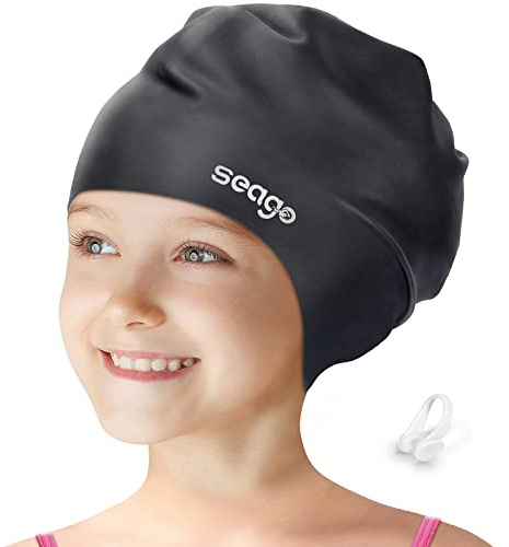 Seago Swim Cap for Kids 6-14 Large Swim Cap for Braids and Dreadlocks Long Hair Swimming Caps for Girls Boys Youth with Nose Clip Waterproof Pool Silicone Bathing Swimming Cap That Keep Hair Dry