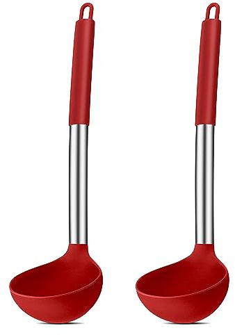 Joyfair - Juego de 2 cucharones de silicona resistentes al calor con mango de acero inoxidable, cucharón grande de 30 cm para cocinar/revolver/servir, saludable y antiadherente, color rojo