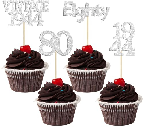 Gyufise 24Pcs Vintage 1945 Cupcake Toppers Glitter Cheers to 80 Fabulous Eighty Cupcake Picks 80th Birthday Wedding Anniversary Party Cake Decorations Supplies Silver