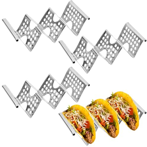 Wisebom Taco Halter 4 Stück Edelstahl Taco Halter Ständer Taco-Schalen mit Griffen, Wellenförmiges Taco Rack Hot Dog Halter Taco Tabletts Taco Truck Tray Platten Spülmaschinenfest Tortilla Halter