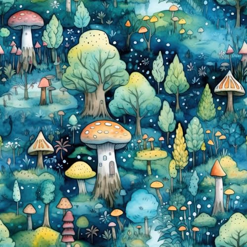 FunStick Whimsical Mushroom Wallpaper Peel and Stick Green Blue Forest Wall Paper for Bedroom Walls Mushrooms Peel and Stick Wallpaper Removable Mushroom Contact Paper for Cabinets Kids Room 17.5x118
