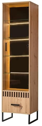 MINIO go for it - Vitrine mit Schublade Melle, 50x196x40 cm, Glas Tür und 4 Glaseinlegeböden, Metallfüße, Metallgriffe, Dekorpaneel - Artisan Eiche/Schwarz Matt, mit LED-Beleuchtung