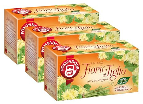 Pompadour, Infuso Fiori di Tiglio con Lemongrass, 60 Filtri (3 Confezioni da 20 Filtri), Lenitivo e Rilassante, Ideale per la Sera, 100% Naturale, Senza Lattosio, Glutine e Allergeni, Vegan