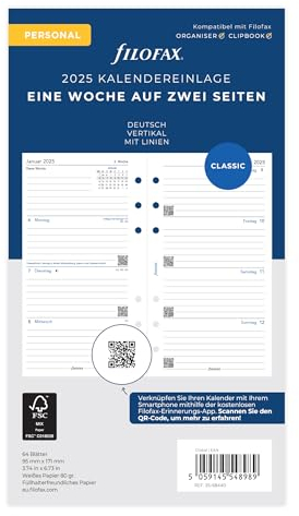 Filofax Personal 1 Woche auf 2 Seiten vertikal (deutsch)2025