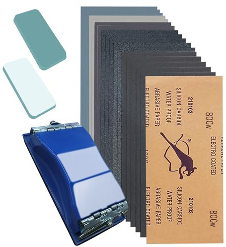 VRKET 3-in-1 Wet Dry Sandpaper Set,48 Sheets of 80 to 3000 Grit Sand Paper,1 Sandpaper Holder and 2 Sponges Sanding Block for Wood Furniture Finishing Metal Automotive Sanding Polish