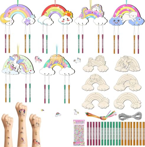 Nourdom 12 Stück Regenbogen Windspiel Bastelset Kinder Regenbogen Holz Klangspiel Basteln Bastelhandwerk zum Pferde Katzen Kreatives Bemalen Holz für Mädchen Junge Kindergeburtstag