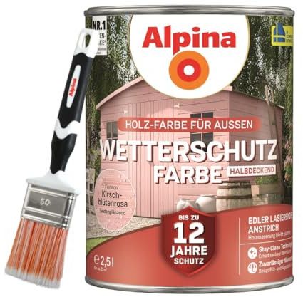 Alpina Holz-Wetterschutz-Farben inkl. Pinsel 50 mm – Kirschblütenrosa, halbdeckend, seidenmatt – bis zu 12 Jahre Schutz vor Witterung und Nässe – schmutzabweisend, deckend & ergiebig – 2,5 L