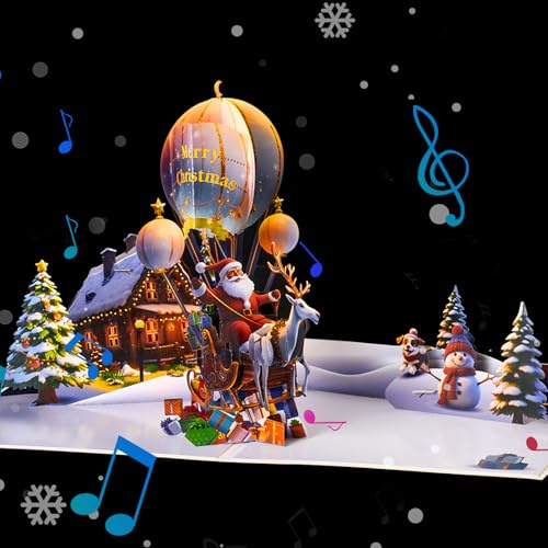 PENGDA Pop Up Christmas Cards with Lights and Music, Handmade Santa Claus and Christmas Tree Musical Holiday Greeting Cards New Year Funny Gift Cards for Son Friend Mother with Envelope and Note Tag(Christmas Card)