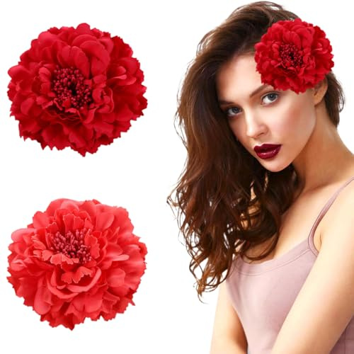 NJCXOLA 2 Stücke Blumen Haarspangen Haarclip Rot Blume Brosche Haarschmuck Haarnadeln Haarklammer für Party Hochzeit Halloween Karneval Maskerade Make up