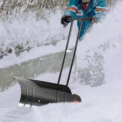 Pala da Neve con Ruote, Pala per impieghi gravosi per Neve, Strumento efficiente per la rimozione della Neve, Design ergonomico, Pala da Neve per vialetto, Lama da 29, Ruote da 10, Nero