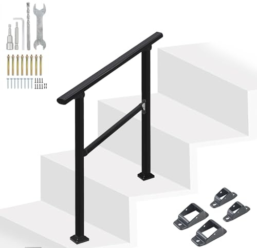 YedZen Outdoor Handrail, Outdoor Handrails for 1-2 Steps, Adjustable Metal Handrails for Outdoor Steps with Installation Kit, Wrought Iron Handrails for Stairs for Porch, Concrete Step, Deck