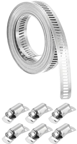 sourcing map 304 Stainless Steel Hose Clamps, Cut-to-Fit 9.8 ft Metal Strap + 6 Stronger Fasteners Kit, Adjustable Worm Gear Band Hose Clamps for DIY Intercooler Pipe Plumbing Tube Fuel Line
