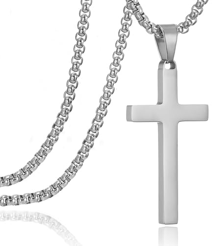 AFSTALR Korskedja män korskedja silver/guld/svart kedja med kors hänge 60 cm rostfritt stål halsband kors halsband kristendom smycken för män kvinnor, 60 cm, Rostfritt stål