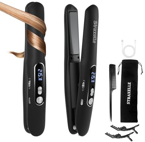 Straxelle Mini Cordless Hair Straighteners, 2 in 1 Portable Flat Iron and Curler Adjustable Temp 175℃-215℃ Mini Straightener with LED Display,5000mAh Travel Straightener for Women Men (Black)