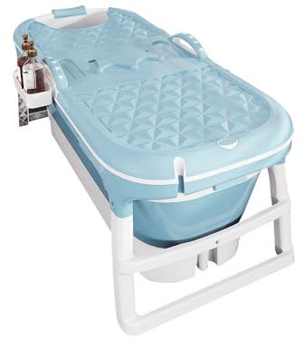 Baignoire Pliable et portable pour adulte - Avec couvercle amovible, panier à savon et rouleau de massage - Taille L -118 * 60 * 53cm - Convient pour petite salle de bain (Bleu)