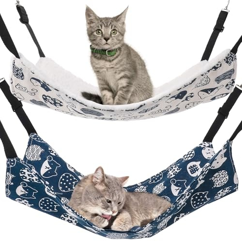 GSrenyu 2 Pack Cat Hammock, Reversible Pet Cage Breathable Cat Hanging Bed with Adjustable Strap, 47 * 36cm Soft Plush Hanging Hammock for Kitten, Rabbit, Chinchilla, Guinea Pig,