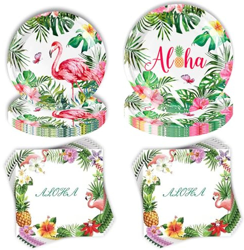 Jiahuade Lot de 40 pièces de vaisselle de fête flamant rose, vaisselle pour anniversaire d'enfant, assiettes en carton oiseau tropical, thème hawaïen pour fête d'anniversaire, avec assiettes en carton
