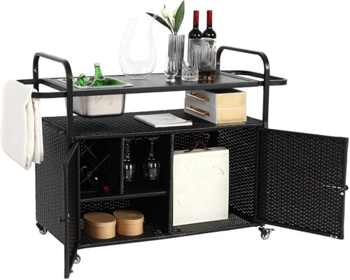Tavolo da bar per esterni con mobiletto, carrello di servizio in rattan PE e lamiera d'acciaio, con secchiello per il ghiaccio, ruote a 360°, cestino laterale, contenitore per il ghiaccio,A