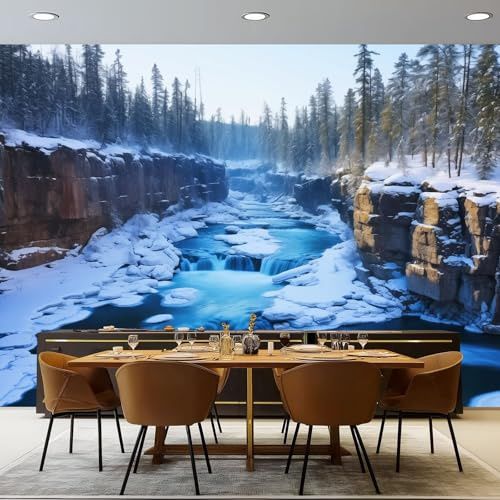 Papel Pintado Efecto 3D, Azul Papel Pintado FotografíA Mural con Naturaleza Invierno Río Motivo, 200 x 140 cm Moderna Murales Decoración para SalóN Dormitorio Oficina