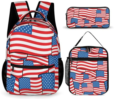 peiyeety Mochila de viaje para portátil, mochila informal con banderas estadounidenses, mochila con lonchera y bolsa de maquillaje.