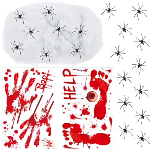 Ragnatele Halloween Decorative da 100g 20 Finti Ragni e 2 Adesivo per vetrine impronte insanguinate, Halloween Ragnatele, Ragnatela per Decorazioni Spaventose per Feste di Halloween
