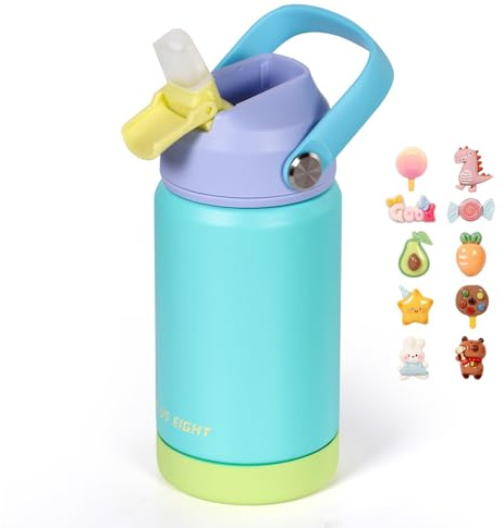pluseight Bouteille d'eau isotherme pour enfants avec couvercle à paille, 350 ml, gobelet sous vide à double paroi sans BPA en acier inoxydable 18/8 anti-fuite avec paille pour l'école, les voyages