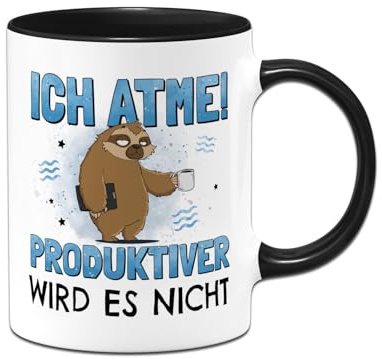 RatzFatz Faultier Tasse mit Spruch: Ich atme! Produktiver wird es nicht - Bürotasse lustig als Geschenk für Kollegen, Kollegin - Kaffeetasse, Kaffeebecher als Wichtelgeschenk (Schwarz)