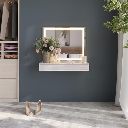 Vicco Schminktisch Sherry, Weiß/Weiß Hochglanz, 80 cm | 2 Teile, mit LED-Beleuchtung und großem Spiegel für tägliche Pflege