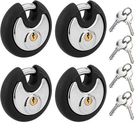BAIFULAI Lot de 4 serrures à anse rondes de 70 mm, cadenas avec 8 clés, serrure ronde avec manille en acier inoxydable, serrure à disque ronde résistante aux intempéries