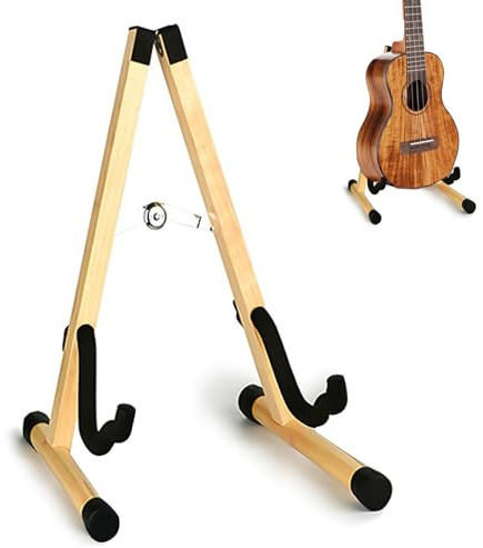 Gitarrenständer Holz, Faltbarer Gitarrenständer Akustikgitarre aus Massivholz, Universaler Bodenständer für E-Gitarre, Bass, Cello, Banjo und Ukulele, Rutschfest & Platzsparend (Naturholzfarbe)