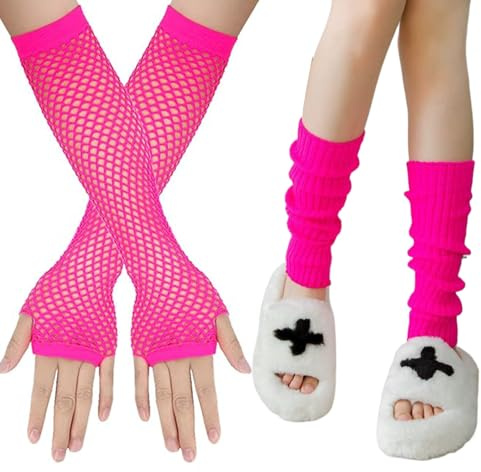 EUYKQNOI Sexy Beinstulpen+ lange Handschuhe - Neon Strümpfe für 80er 90er Jahre Kostüme zu Motto Partys, Fasching, Karneval oder zum Tanzen - Damen Einheitsgröße (Neon Pink)