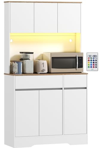 HOMCOM Küchenbuffet mit RGB-LED-Beleuchtung, hoher Küchenaufbewahrungsschrank, Aufbewahrungsschrank mit Arbeitsplatte, 6 Türen, 2 Schubladen, verstellbare Einlegeböden inklusive, 100 x 38 x 180 cm,