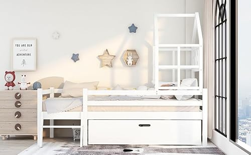 Vopese Cama Alta Infantil con Escalera y cajón, Madera de Pino Macizo, 97x207x159 cm, para niños, diseño de casita de Juegos